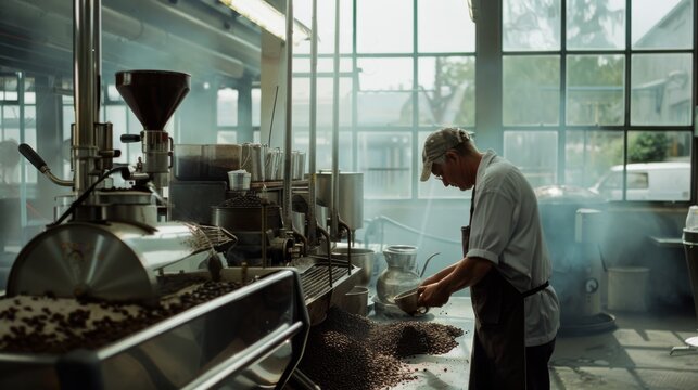 A skilled roaster tends to coffee beans in a sunlit industrial setting, enveloped in the rich aroma of freshly processed coffee.
