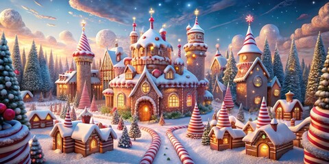 Obraz premium A whimsical gingerbread village nestled among snow-covered evergreens, bathed in the warm glow of Christmas lights.