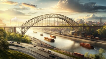 Naklejka premium Steel Arch Bridge Over River With Barges at Sunset.