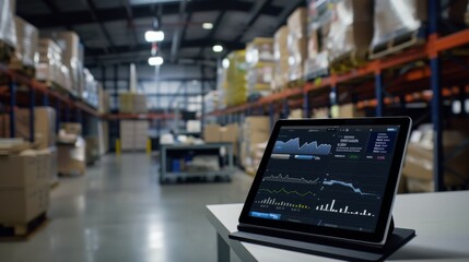 A tablet in a bustling warehouse showcases real-time analytics, embodying the intersection of technology and commerce in contemporary logistics.