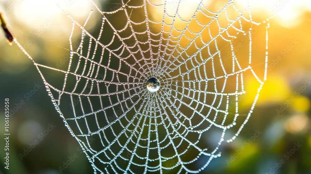 Canvas Prints single dewdrop clings to spiderweb, sparkling in morning light, creating beautiful and serene scene.