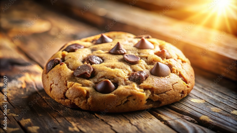 Poster a closeup of a single chocolate chip cookie resting on rustic wooden boards with sunbeams shining th