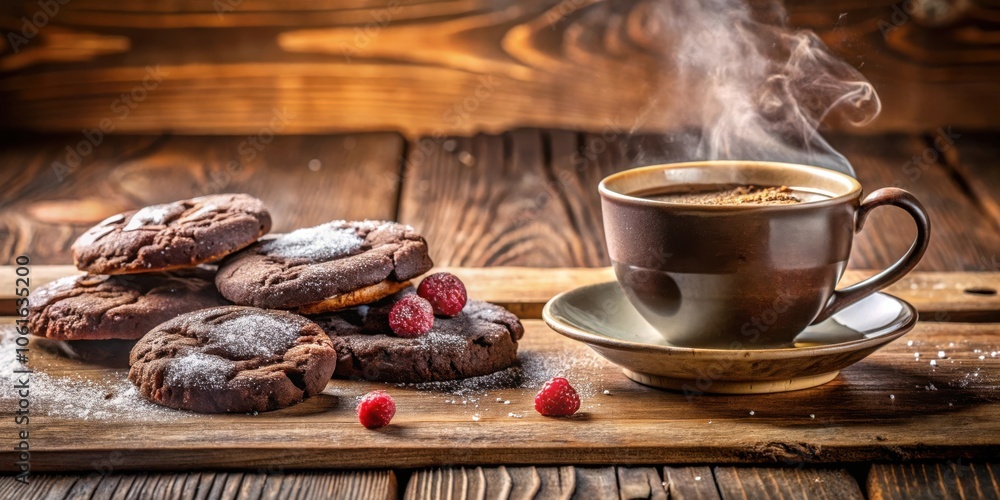 Aufkleber a cup of coffee with steam rising and a plate of chocolate chip cookies with powdered sugar on top a