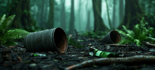 Fototapeta premium polluted forest with trash, showcasing environmental neglect and decay