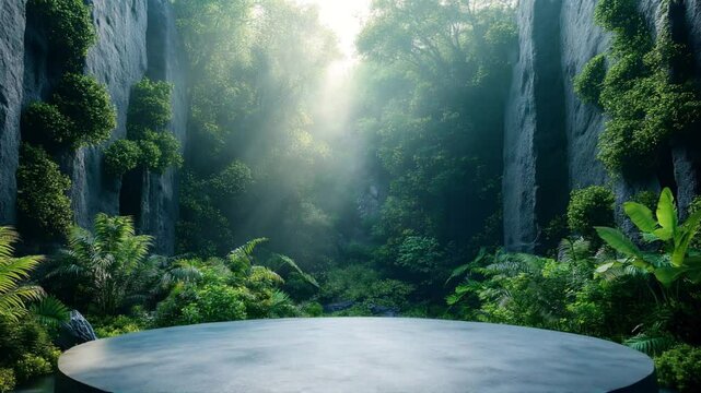 A 3D rendered scene depicting a circular platform in a lush jungle with tall rock walls covered in greenery, and a path leading into the dense foliage.