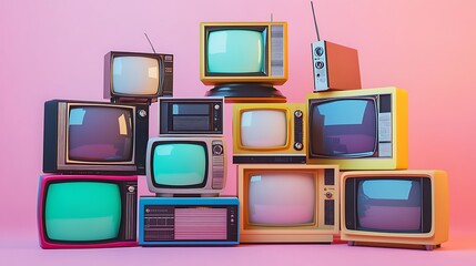 Stack of retro televisions each displaying