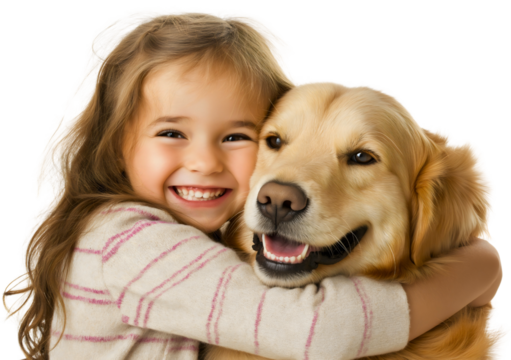 Loving girl kid child, tender golden retriever pet dog hug, affectionate isolated family companion cute, adorable cheerful friendship, joyful tenderness playful