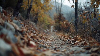 An enchanting, leaf-covered trail winds through a forest, beckoning wanderers to explore its autumnal splendor and tranquil escape.