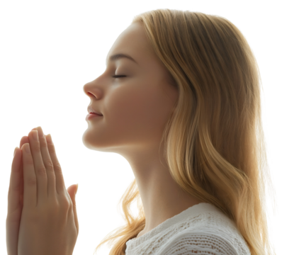 Devout woman young adult, reverent christian praying isolated hands, serene belief peaceful hope prayer, spiritual faithful religious, faithful devotional contemplative