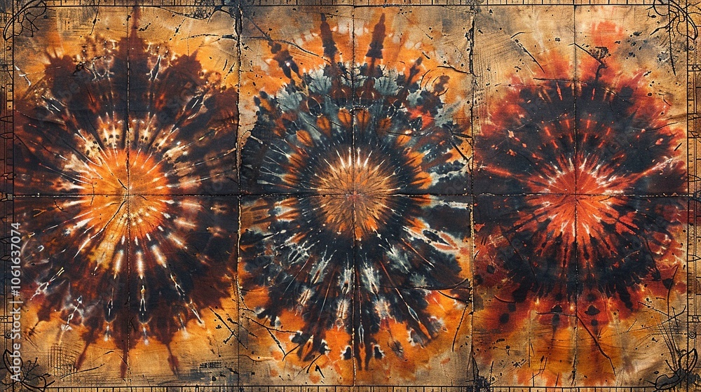 Poster a vibrant abstract artwork featuring three circular patterns in warm tones.