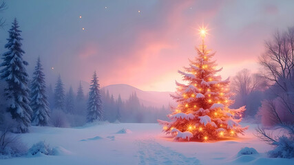 Beautiful winter scene with christmas tree and copy space