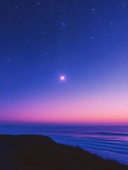 A single bright star shining in the twilight sky with soft colors of blue and purple to create a calming and inspiring nighttime atmosphere