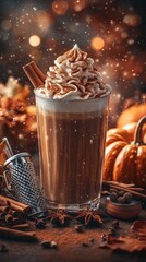 Pumpkin spice latte with whipped cream in a cozy autumnal setting