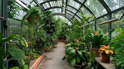 A sunlit greenhouse walkway bursting with diverse tropical plants offers a tranquil escape into a lush, vibrant world of nature's wonders.
