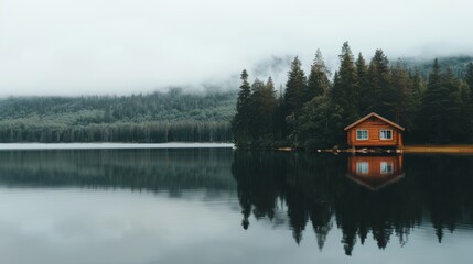 Obraz premium Cozy cabin interior with a grand stone fireplace, warm afternoon light filtering through large windows, inviting you to relax by the fire.