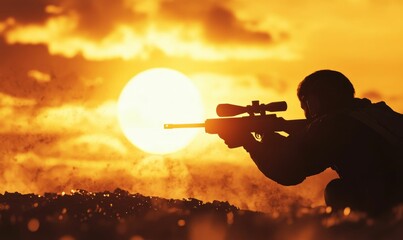 Fototapeta premium Silhouette of a soldier aiming a rifle at sunset.
