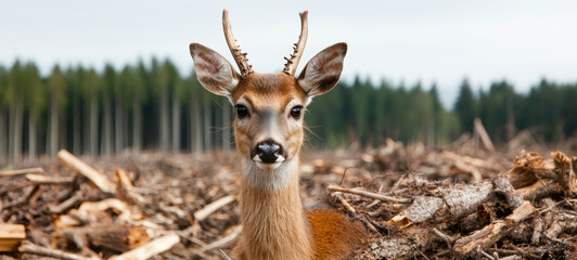 Obraz premium Endangered deer standing in deforested area, looking concerned