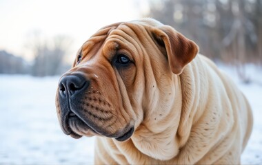 Obraz premium A close-up of a wrinkled Shar Pei enjoying a winter walk, its thick coat dusted with snowflakes. Its expressive eyes twinkle with joy as it explores the frosty landscape