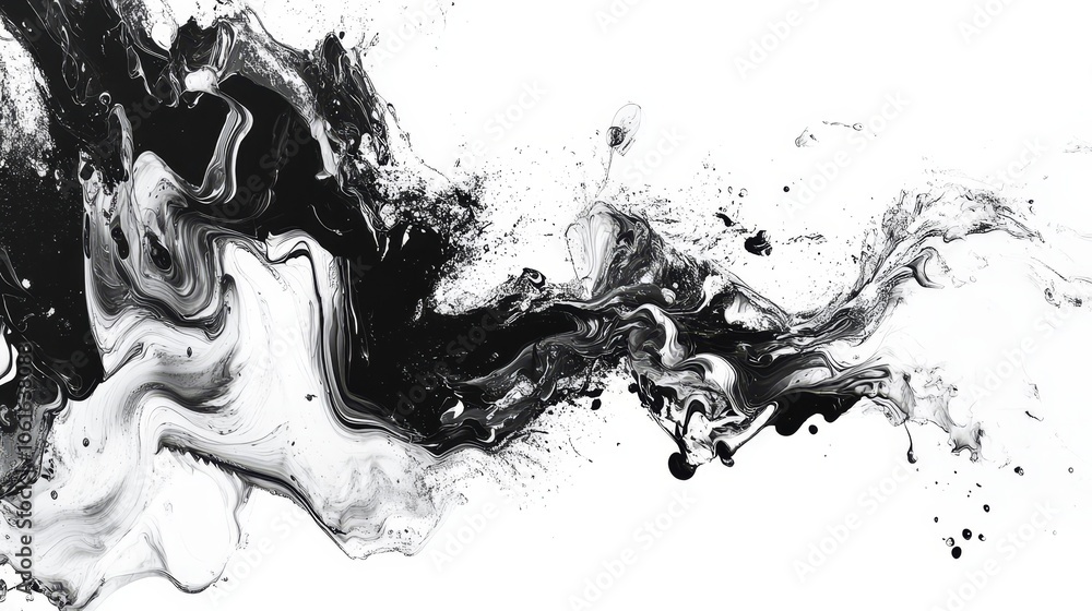 Poster abstract black and white ink splash art, featuring fluid lines and shapes, creating a dynamic and co