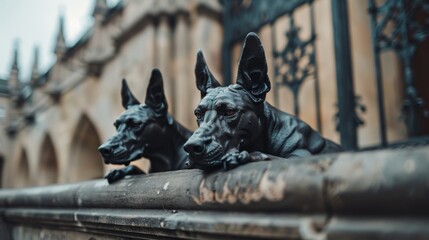 Sleek black statues of dogs poised in watchful repose on the edge of a stone wall, overlooking a historic building, exuding strength and elegance.