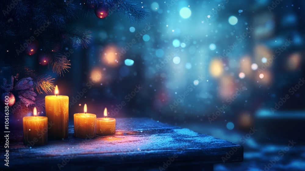 Poster a warm and inviting christmas background featuring glowing candles on a snowy table with a blurred b