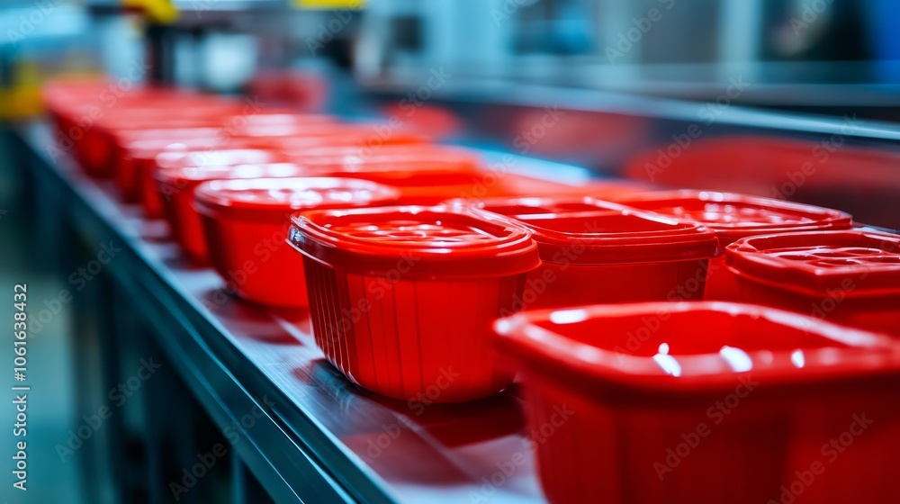 Poster automatic plastic container production machine in action, showcasing a row of red plastic containers