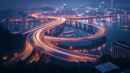 Night Cityscape with Highway Bridges.