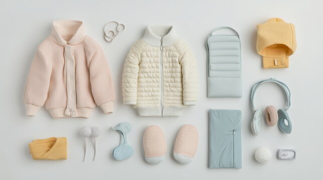 Adorable flat lay featuring a baby's winter outfit essentials: a soft pink jacket, cozy hat, cute booties, and practical accessories. Perfect for newborns and toddlers.
