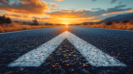 scenic view of road with prominent arrow marking, leading towards vibrant sunset. landscape features warm colors and serene atmosphere, perfect for travel