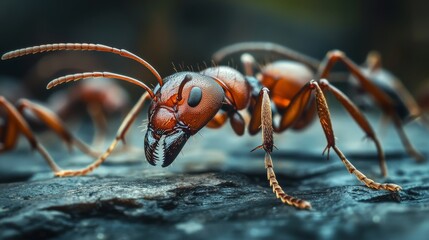 Fototapeta premium A detailed macro photograph of an ant on a kitchen counter, showcasing its intricate anatomy and the natural world around it. This image symbolizes the beauty of nature, the interconnectedness of life