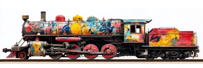 Fototapeta premium A vibrant and whimsical vintage steam locomotive painted in a kaleidoscope of colors, representing the journey of life, innovation, and nostalgia.
