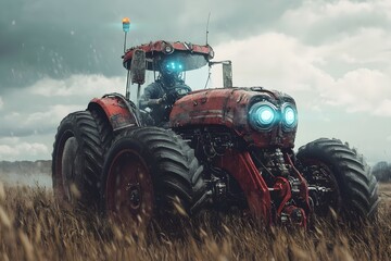 Fototapeta premium Futuristic image of a farmer with robotic eyes walking on a tractor. Generative AI.