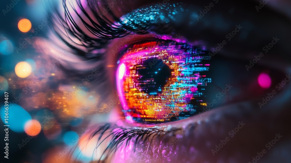 Poster a close-up of a human eye with digital data reflected in the iris, symbolizing the intersection of h