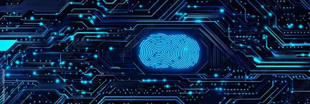 Poster digital fingerprint scanner on circuit board, representing cybersecurity, data security, identity ve
