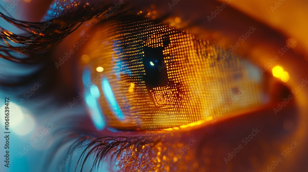 Poster a close-up of a human eye with a digital grid pattern, symbolizing the intersection of technology an