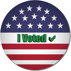 Circle shaped pin with text I voted and check mark sign with design of United States of America design background. Illustration made November 3rd, 2024, Zurich, Switzerland.