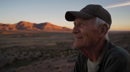 An elderly man smiling warmly while gazing at a sunlit mountain range, reflecting a moment of contemplation and appreciation for nature's beauty.