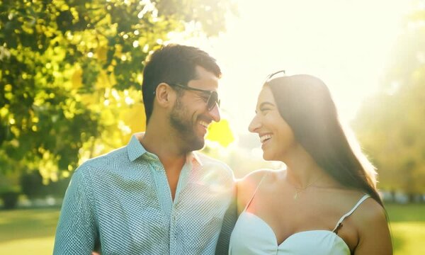 Happy Couple Smiling Outdoors in a Green Park