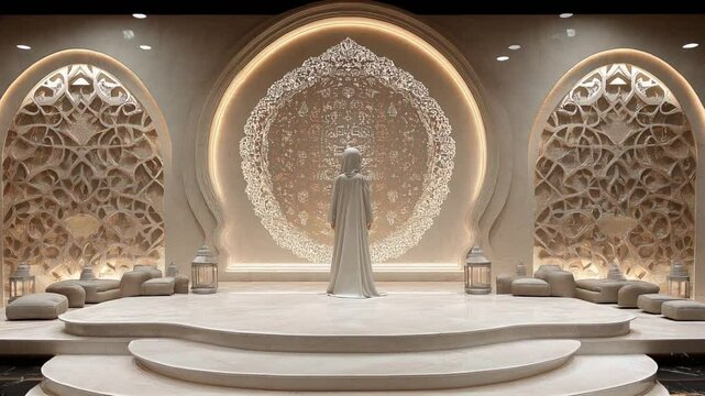 A woman in a white abaya stands in a lavishly decorated interior space featuring an arched wall with intricate, illuminated Islamicinspired patterns.  The room is lit by warm, ambient lighting and fea