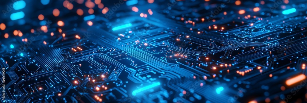Poster futuristic blue circuit board pattern with glowing data flow, symbolizing technology, innovation, co