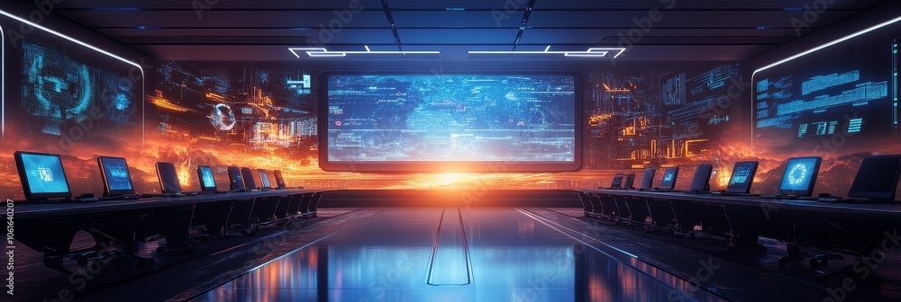 Poster a futuristic conference room with a large high-tech display showcasing data and analytics, surrounde