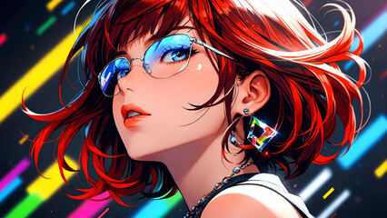 A vibrant anime-style portrait of a red-haired woman with beautiful eyes and blue sunglasses. She embodies both coolness and cuteness. Exuding a modern and energetic aesthetic.