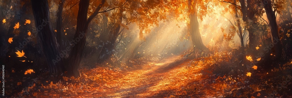 Poster golden autumn forest path with sunbeams illuminating a path through the trees, symbolizing hope, cha