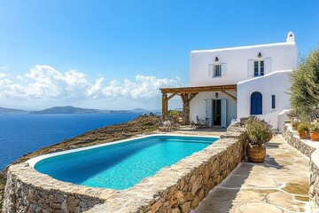 Fototapeta premium A luxurious seaside villa featuring a private pool, stunning Mediterranean views, whitewashed walls, a wooden pergola, and a relaxing patio.