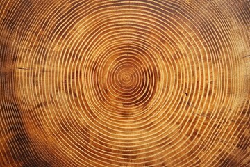 Fototapeta premium Smooth cross section brown tree stump slice with age rings cut fresh Background with wood grain texture. Close-up