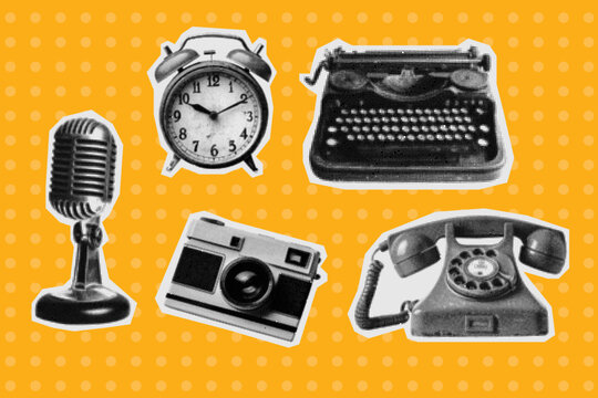Set of halftone technology in vintage retro style. Classic alarm clock, camera and microphone on yellow background
