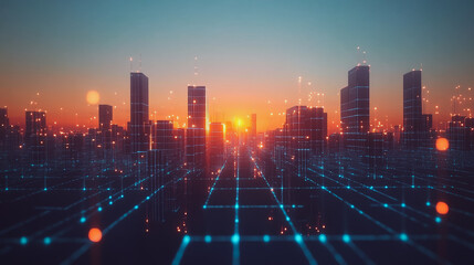Fototapeta premium Smart digital city with connection cyber security network reciprocity over the cityscape . future smart wireless digital city and social media networking systems that connects people within the city