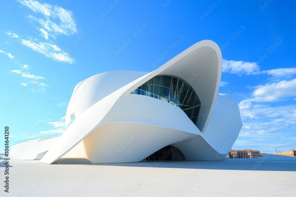 Poster modern architectural design with white structures, featuring a futuristic building with curved lines