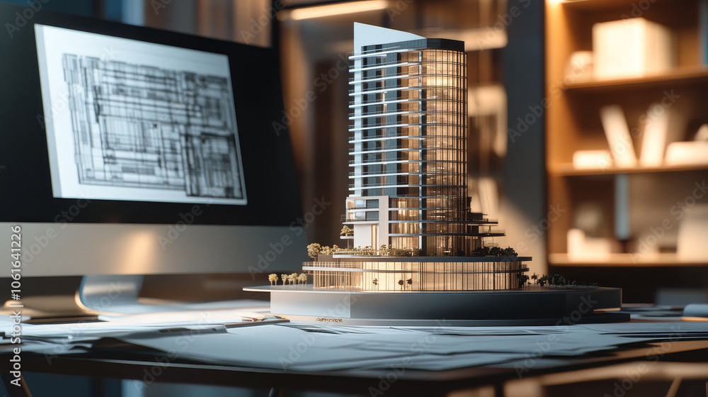 Poster a modern building model sits on a desk with blueprints, symbolizing architecture, design, constructi