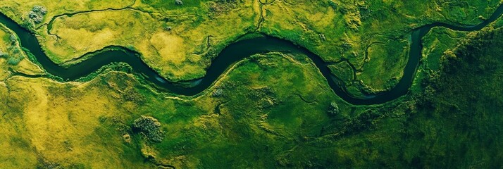 Aerial view of a meandering river snaking through a vibrant green landscape, showcasing the beauty of nature, tranquility, and the flow of life.